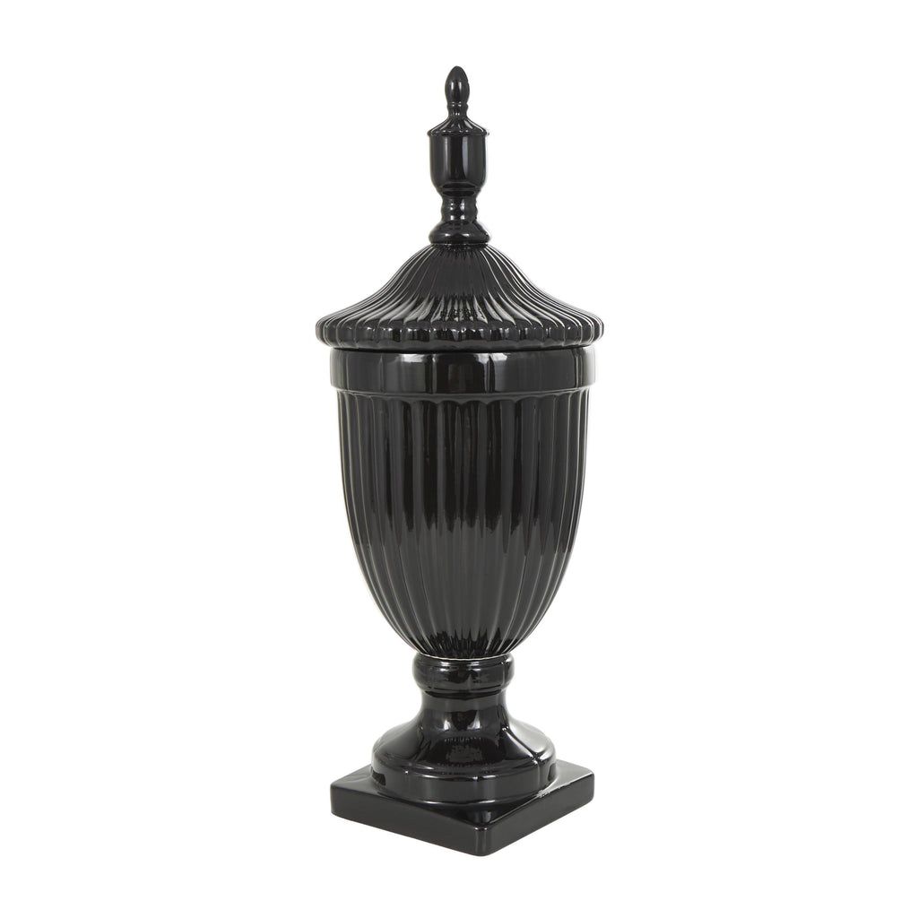 DecMode 12" x 32" White Ceramic Tall Fluted Urn Decorative Jars with Grooves and Lid, 1-Piece