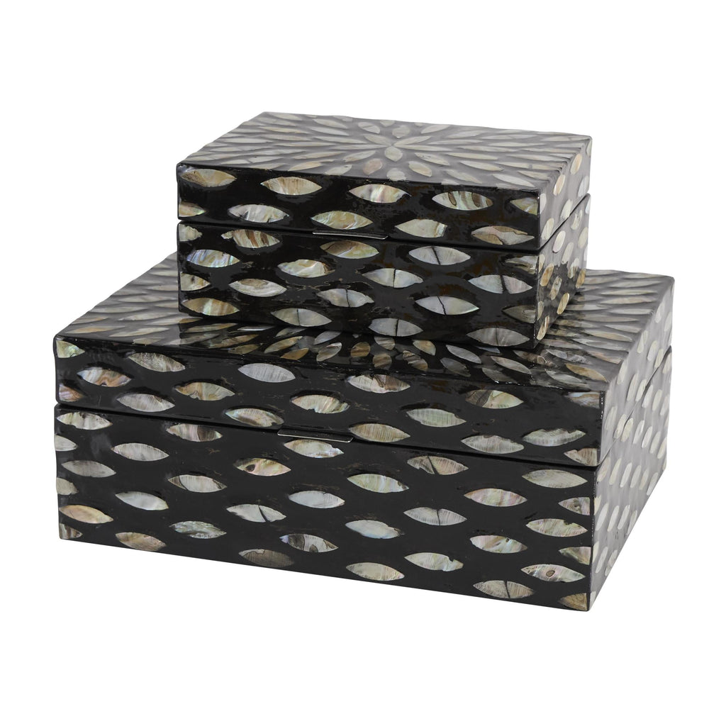 DecMode Floral Black Mother of Pearl Shell Decorative Box with Beige Accents, 2 Count