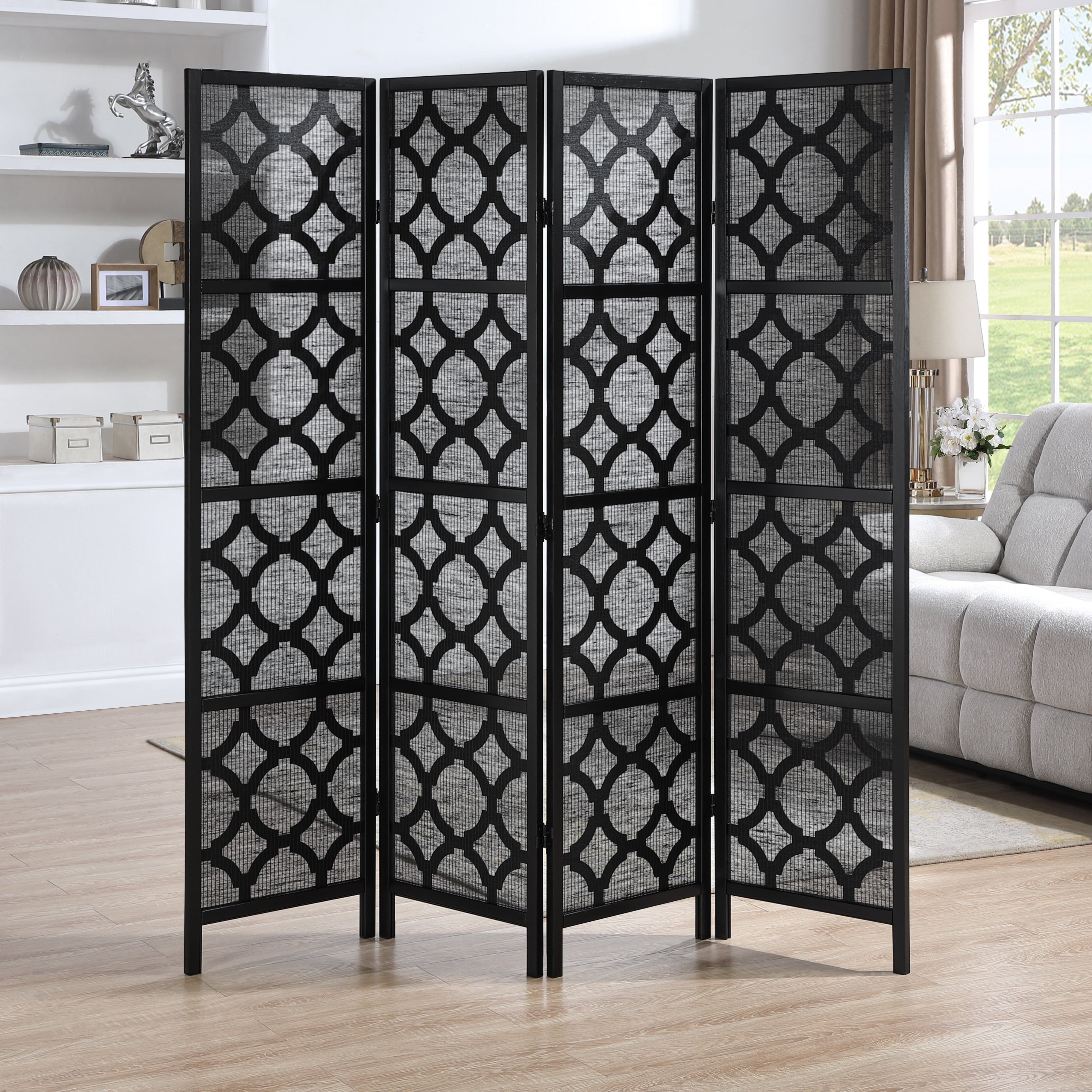 Roundhill Furniture Quarterfoil infused Diamond 4-Panel Room Divider in Silver